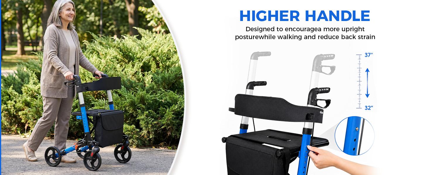 Foldable Rollator Walkers with Seat for Seniors, Big Wheels, 330 lb. Weight Capacity, Adjustable Handles and Seat Height, Lightweight Rolling Walker