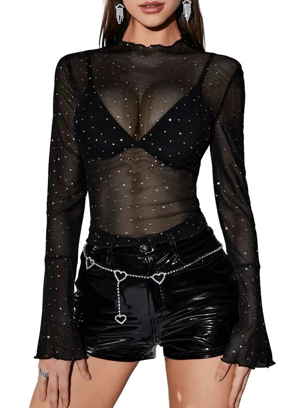 Verdusa Womens Rhinestone Mesh Top Lettuce Trim Bell Sleeve See Through Shirt Black M