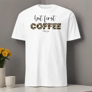 But First Coffee Leopard Classic Tee 100% Ring-Spun Cotton Soft Comfy T-Shirt with Double Stitching for Durability - Fabric, Grey