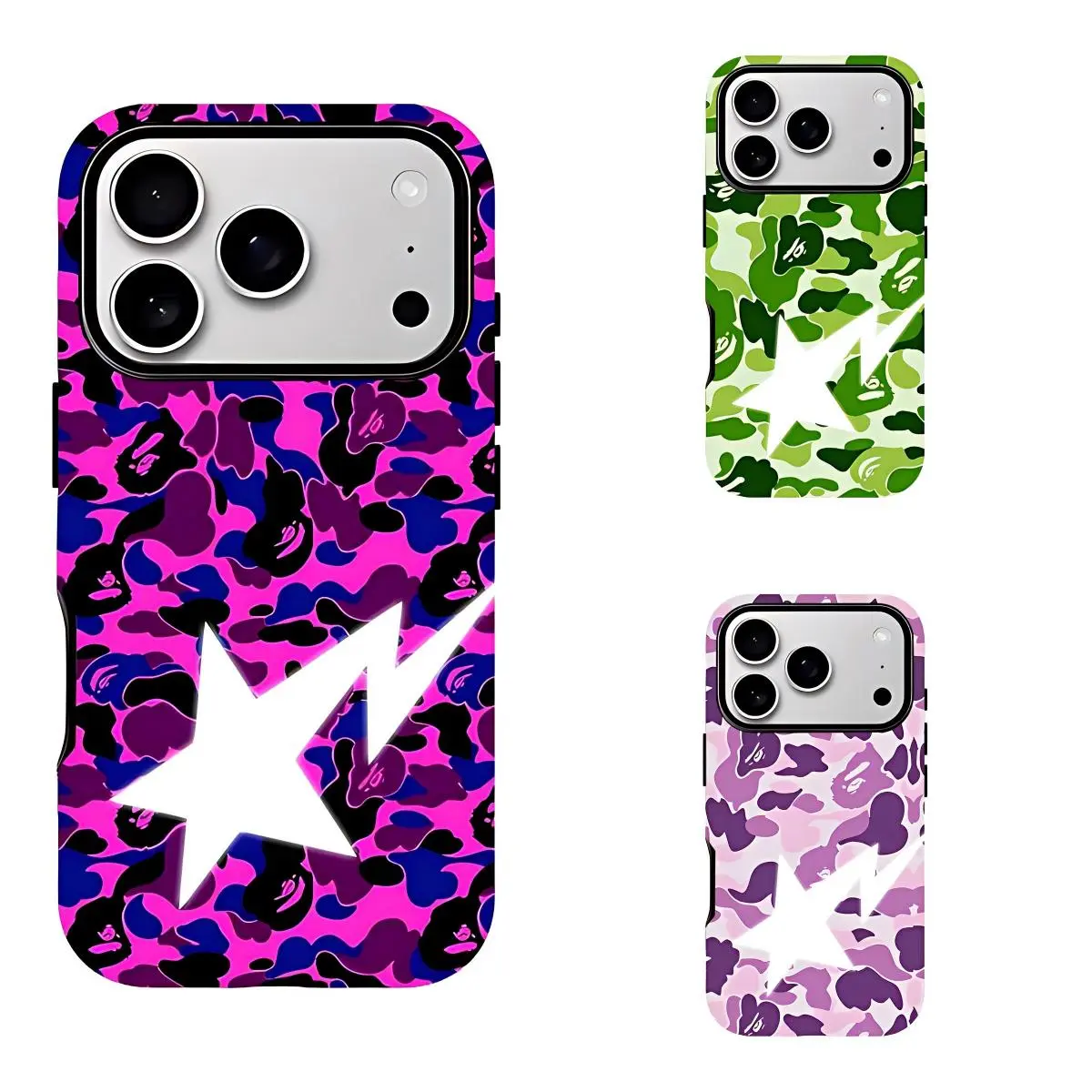 BAPE Camouflage Lightning Star Phone Case - Suitable for iPhone 17–11 Pro Max/Plus and Samsung Galaxy S22–25