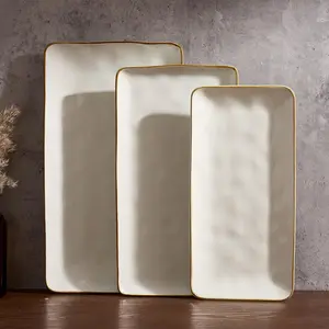 Serving Platter, Rectangular 15.67/14.1/12.6inch Serving Dishes for Entertaining, Microwave Dishwasher Safe, Stoneware Serving Trays for Party, Turkey, Cheese,  Series, Vanilla White