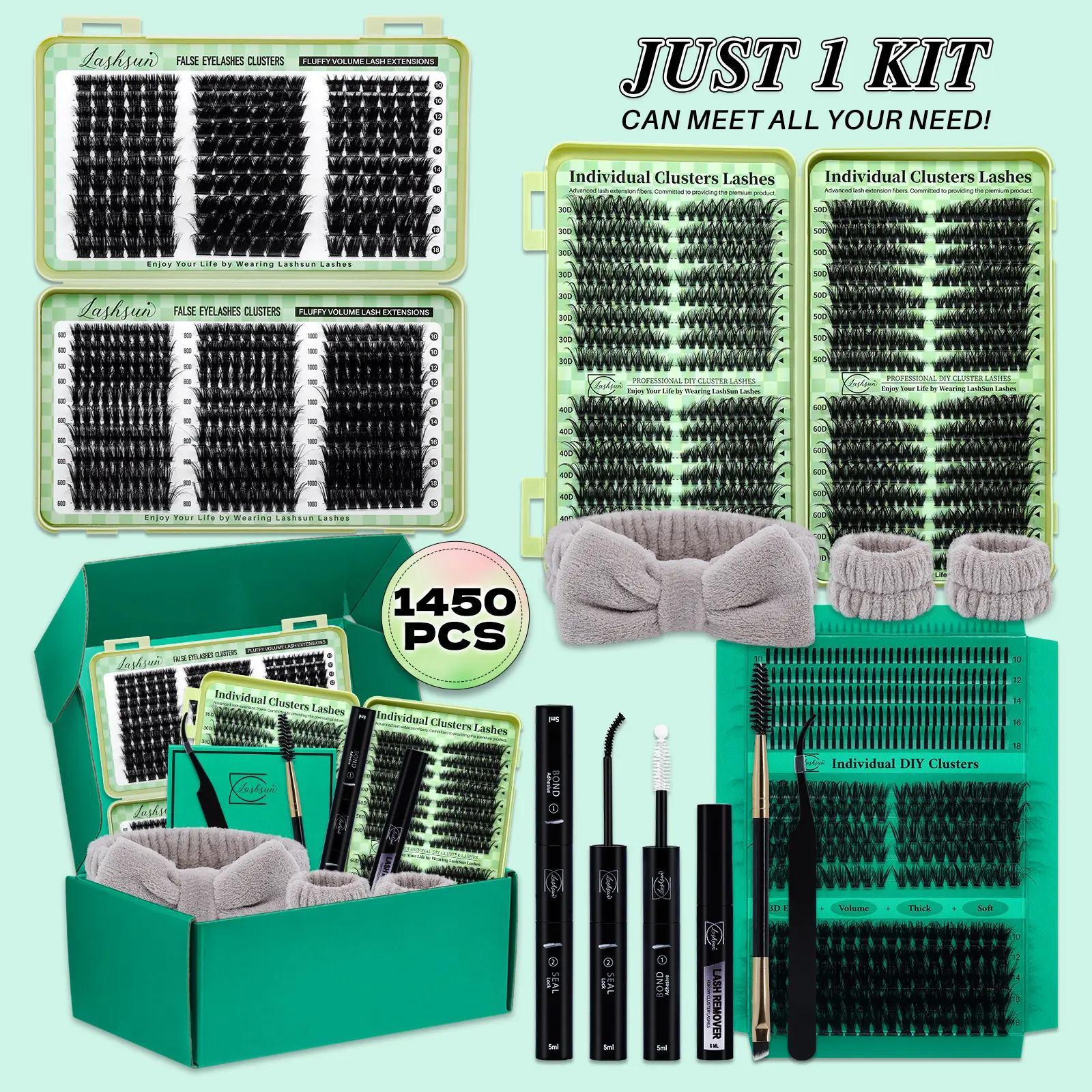 1450 PCS Lash Clusters Kit D Curl 11 Styles Volume/Spikes Lashes with Bond&Seal, Eyelash Glue, Lash Remover Brush, Lash Applicator, Headband, Wristband, For Beginners&Proficient, Easy Apply for Makeup Daily, Eyelashes Makeup Set
