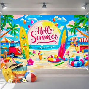 2D Flat Banner Hello Summer, Beach Party Decor, Hawaiian Tropical Background, Surfboard Ice Cream Design, Indoor Outdoor Pool Luau Decoration