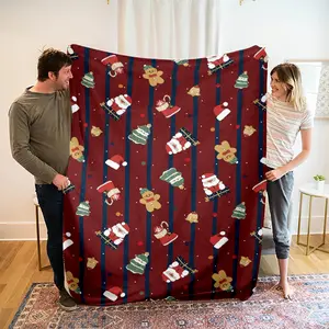 Luxury Christmas Santa Bear Print Blanket, Soft Flannel Throw for Bed Sofa Outdoor Travel Gift, Background Polyester Fiber