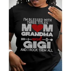 Blessed Mom Grandma Gigi Graphic Tee: 100% polyester, crew neck, short sleeves, breathable and machine washable. Casual all-season black tee with heart and arrow print design, perfect for everyday wear.