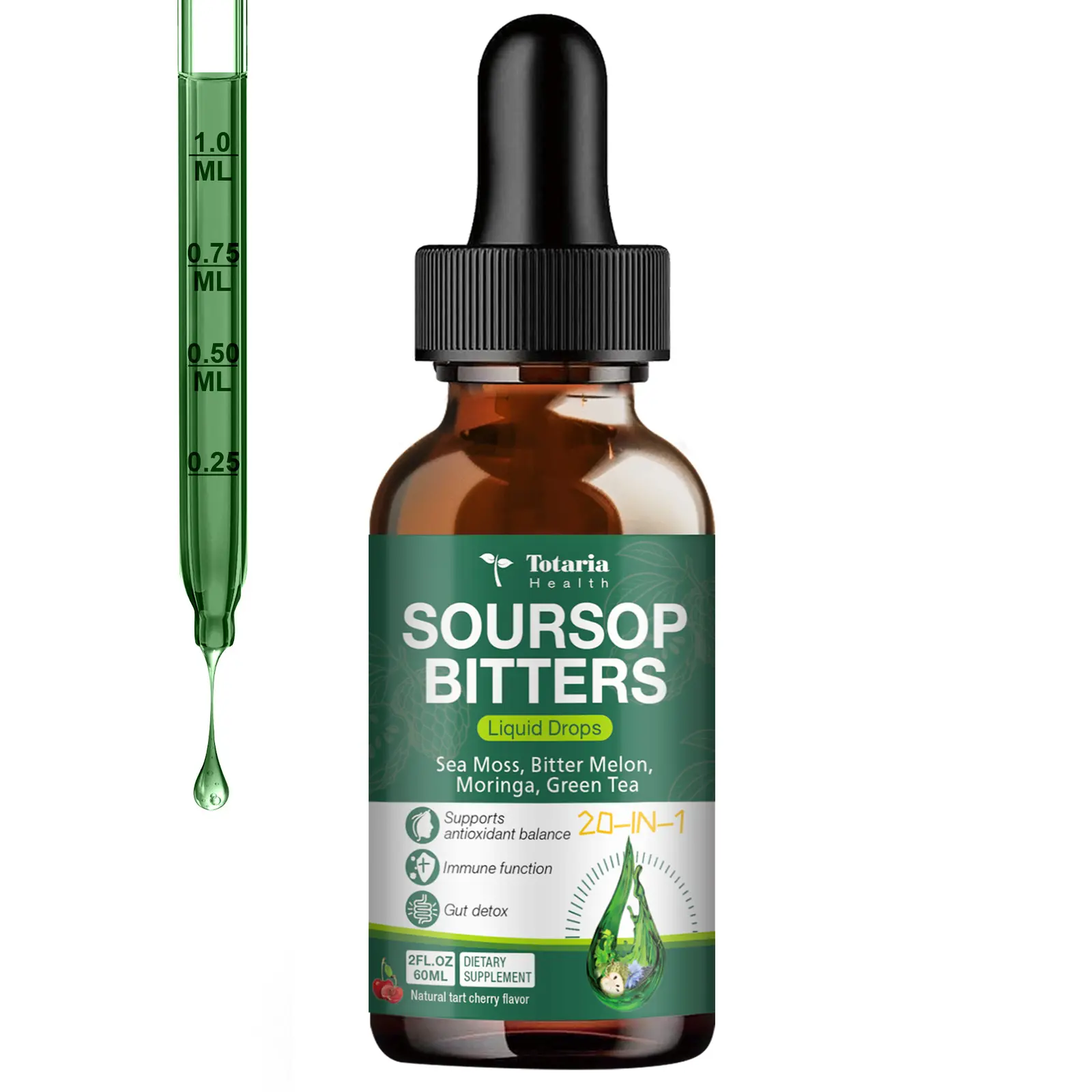Totaria Soursop Drops 20 in 1 Liquid Bitters - Sea Moss, Moringa, Bitter Melon, Ashwagandha - Immune, Gut & Stress Support - 2 fl oz Vegan Herbal Supplement
