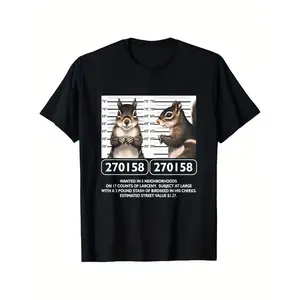 Wanted Squirrel Mugshot Funny Graphic T-Shirt, Cotton Comfort Tee, Quirky Squirrel Fashion Outfit, Casual Shirt, Ideal Humor & Animal Lover Gift for Him/Her