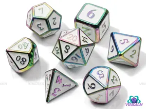 Eternal Light | White Enamel, Rainbow Accented Metal Dice Set (7) | Dungeons and Dragons (DnD) | Tabletop RPG Gaming