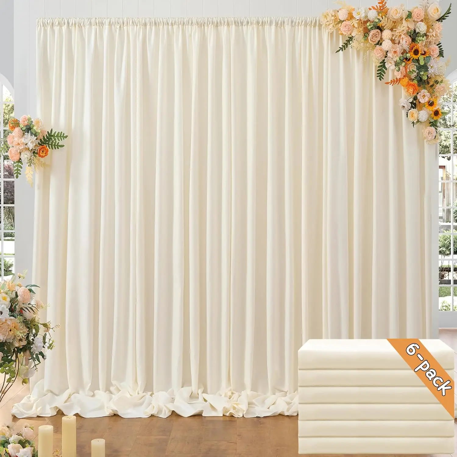 Ivory Polyester Backdrop Curtains - 6pcs 5ft x 10ft Wrinkle-Free, Hand-Adjustable Hanging Drapes for Wedding, Happy Birthday, Anniversary Decor (Home & Festive Event Supplies)