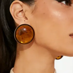 Vintage Amber Color Round Earrings, Boho Style Resin Chain, All-Season Lightweight Luxury Ear Jewelry, Unique High-Quality Accessory