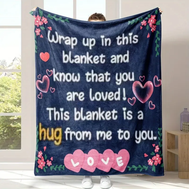 A Hug From Me To You Message Throw Blanket, Navy Blue Pink Heart Floral Border Soft Flannel Blanket, Sentimental Love Gift Blanket For Long Distance Friend Family Partner, Warm Comfort Snuggle Blanket For Sofa Bed