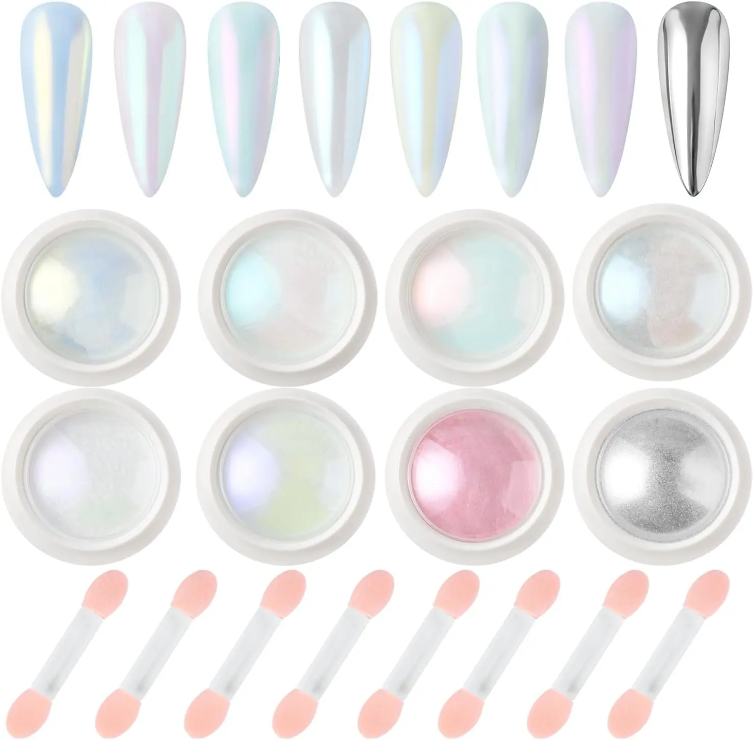 8 Jars Mermaid Pearl Chrome Powder for Nails Iridescent Aurora Powder Sliver Metallic Mirror Effect Pigment Chrome Nail Powder for Gel Polish Nail Art Decoration