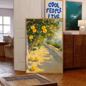 A Lemon Tree Art Poster - Romantic Style Frameless Canvas Wall Decor, Bright Yellow Lemons and Green Leaves, Suitable for Living Room, Bedroom, Bathroom, Kitchen, Dining Room, Office - Indoor Home Decor, Lemon Kitchen Decor, 2D Flat, Perfect Room Decorati