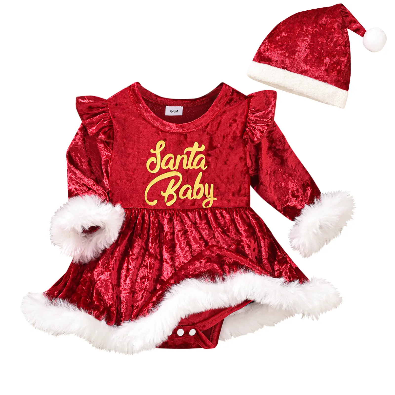 Newborn Baby Girl Christmas Outfits Velvet Long Sleeve Plush Fur Trim Romper Dress Fall Winter Xmas Holiday Clothes
