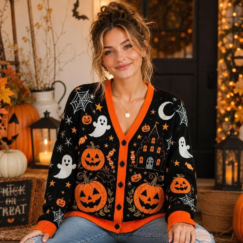 Halloween Pumpkin Cardigan, Spooky Pumpkin Button Sweater, Cute Fall Cardigan, Halloween Knit Sweater, Autumn Pumpkin Outfit for Women Daniel