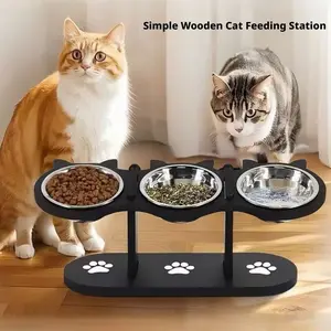 Adjustable Wooden Pet Feeder Stand with 3 Stainless Steel Bowls Elevated Cat Dog Dining Table care upgrade Steel Dog Bowls dogfood drinkingfountain