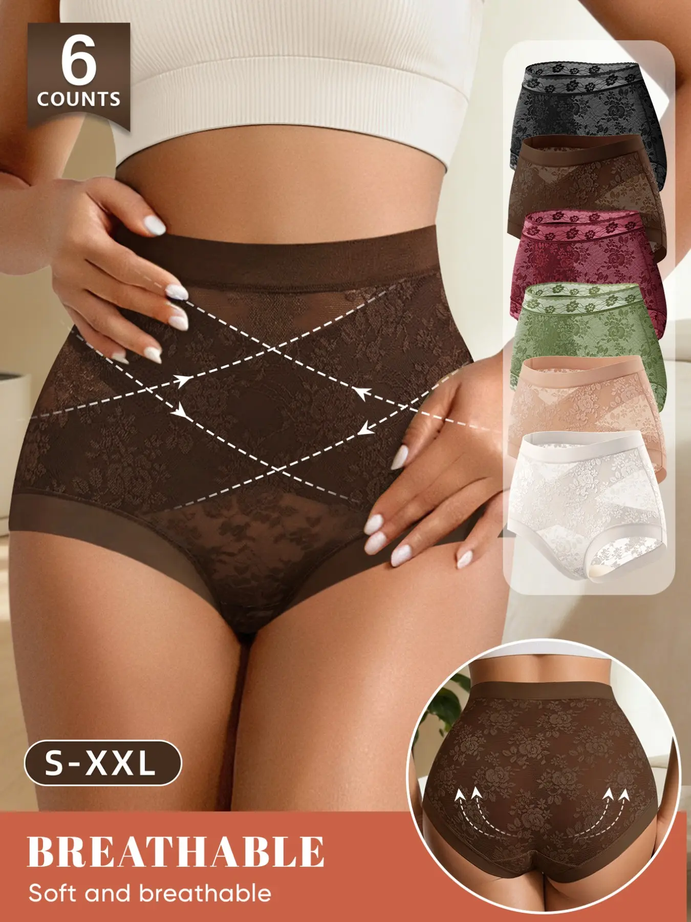 Morelect Women's High-Waisted Control Panties Underwear Set, 6 Pcs, S-Xxl Sizes, Cross-Lace Design, Breathable, Soft, Butt Lifting, All Seasons Casual Wear