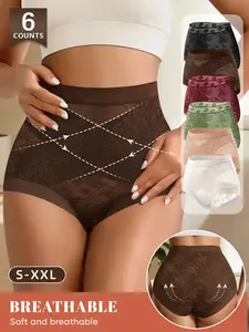 Morelect Women's High-Waisted Control Panties Set, 6 Pcs, S-Xxl Sizes, Cross-Lace Design, Breathable, Soft, Butt Lifting, All Seasons Casual Wear