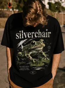 Earthy Gorpcore Aesthetic Green Frog Graphic Tee Mens Heavyweight Brown Cotton T-Shirt Everyday Casual Nature Walk Outfit