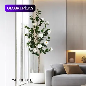 1 Count 125-195CM New Artificial Camellia Tree branch, Faux Plant for Home Decoration, With Plastic Pot & Faux Moss, Indoor & Outdoor Use for Living Room, Office, Garden, Wedding & Party #GLOBAL PICKS