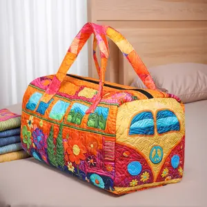 Heavy Quilted Travel Duffel for Fitness and Commute, Large Tote Bag with Wrist Strap and Secure Zipper, Full-Width Vibrant Prints, Perfect for Gym Gear and Bus-Themed Storage