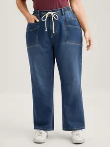 【Summer Turn-Up】【Tummy control】BLOOMCHIC Layered Pockets Elastic Waistband Straight-Leg Jeans [M-6X] 2026 Summer Pick for Mother's Day