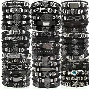 36pcs Fashion Black Faux Leather Elastic Bracelet Set - Multi Layer Pentagram Skull & Cross Charm, Suit for Daily Wear, Parties Gift-Giving, Holiday Gifts, Party Accessories, Edgy Jewelry, Stylish Accessories, Lightweight Design, Durable Material