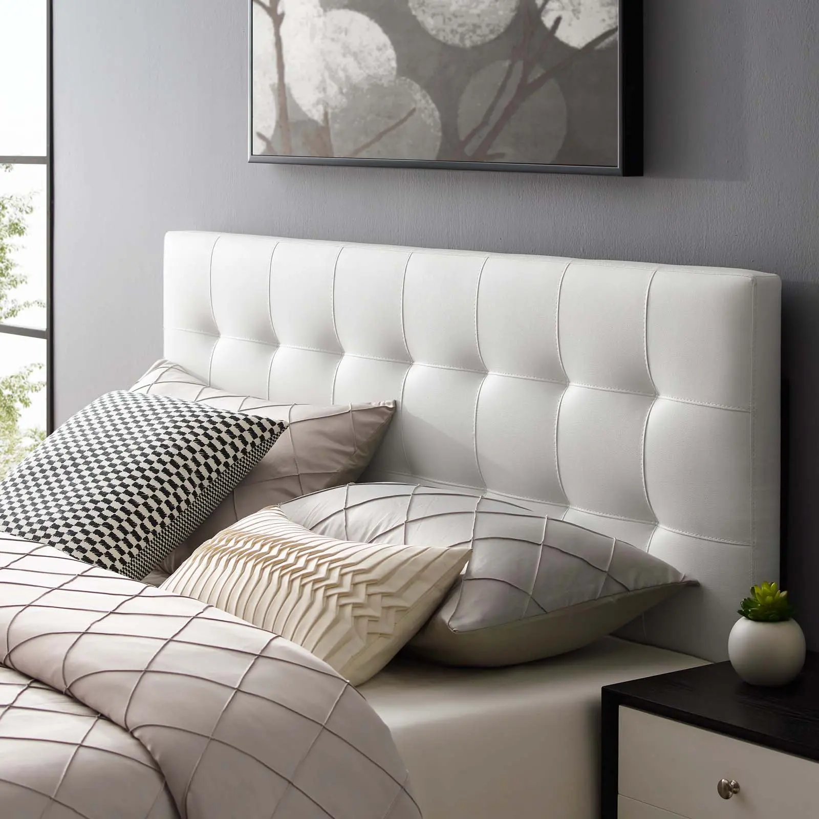 Modway Lily King-Size Upholstered Tufted Vinyl Headboard, White Indoor Furniture Bed Frame Accessory, Upholstered Tufted Headboard