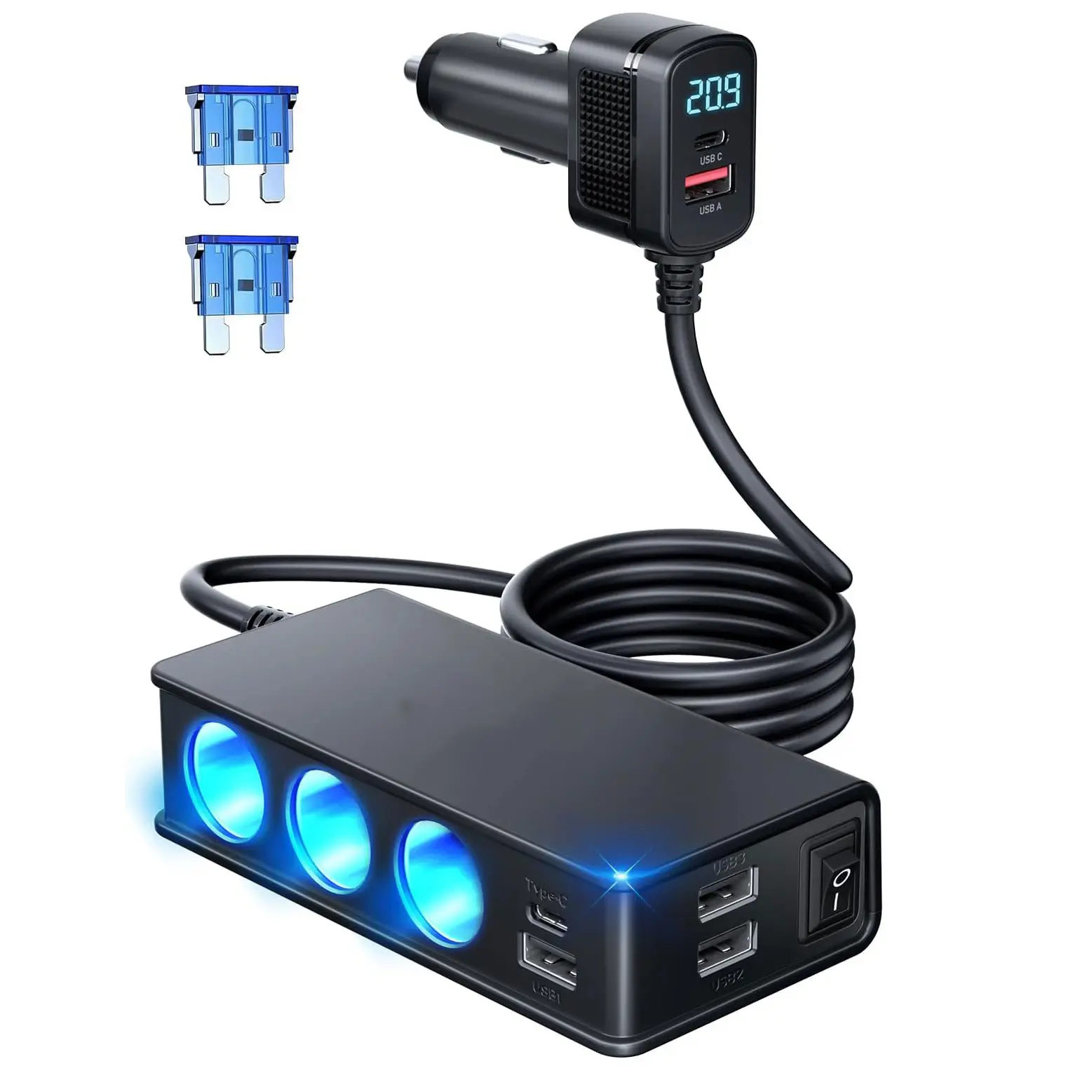 9 In 1 Car Lighter 185W Adapter Heavy Duty Truck Car Splitter With 5 Charging Ports 3 Car Lighter Splitter Sockets Independent Power Switch Socket Lighter Adapter LED Voltage Car Socket Show Lighter Adapter, Without Battery