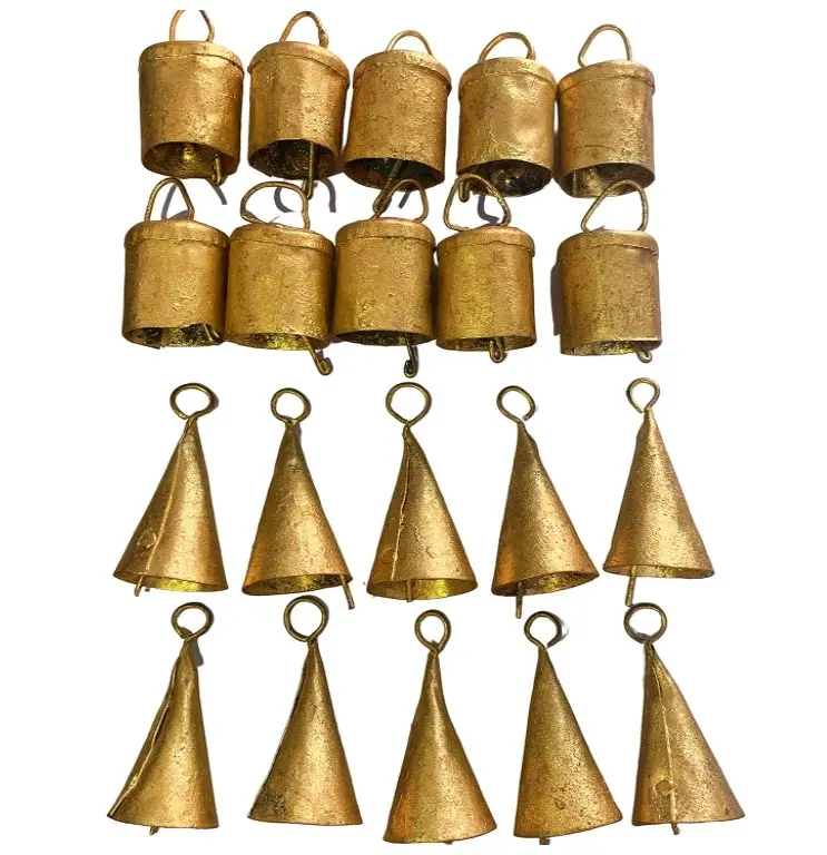 Vintage Indian Tin Bells Rustic Chime Vintage Jingle Bell Cow Bells Christmas Tree Crafts Decoration lot 20 Pc (Gold)