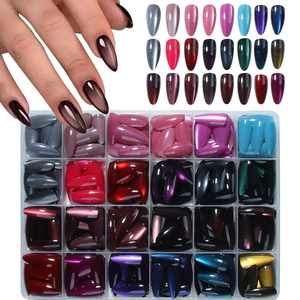 576pcs Long Almond Shape Crystal Cat Eye Glossy Nail Tips Set, Perfect Fit, Blue Wine Color, Acrylic Nails, Nail Tips Kit, Diy Nail Art, Glossy False Nails
