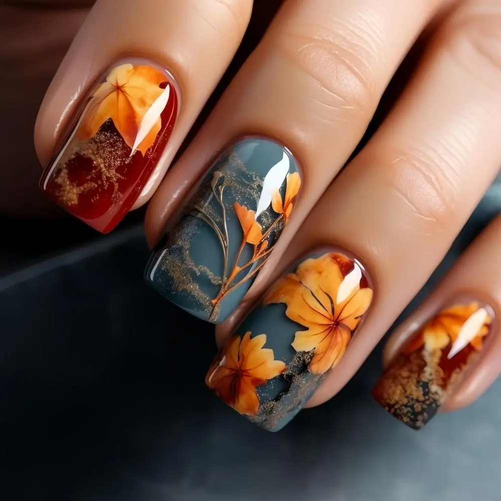 Fall Leaf Pattern Fake Nails with Nail File & Tape, 24pcs/set French Style Long Square Press on Nails for Women & Girls DIY Nail Art, French Tip Nails, Nail Art Design, DIY Nail Kit