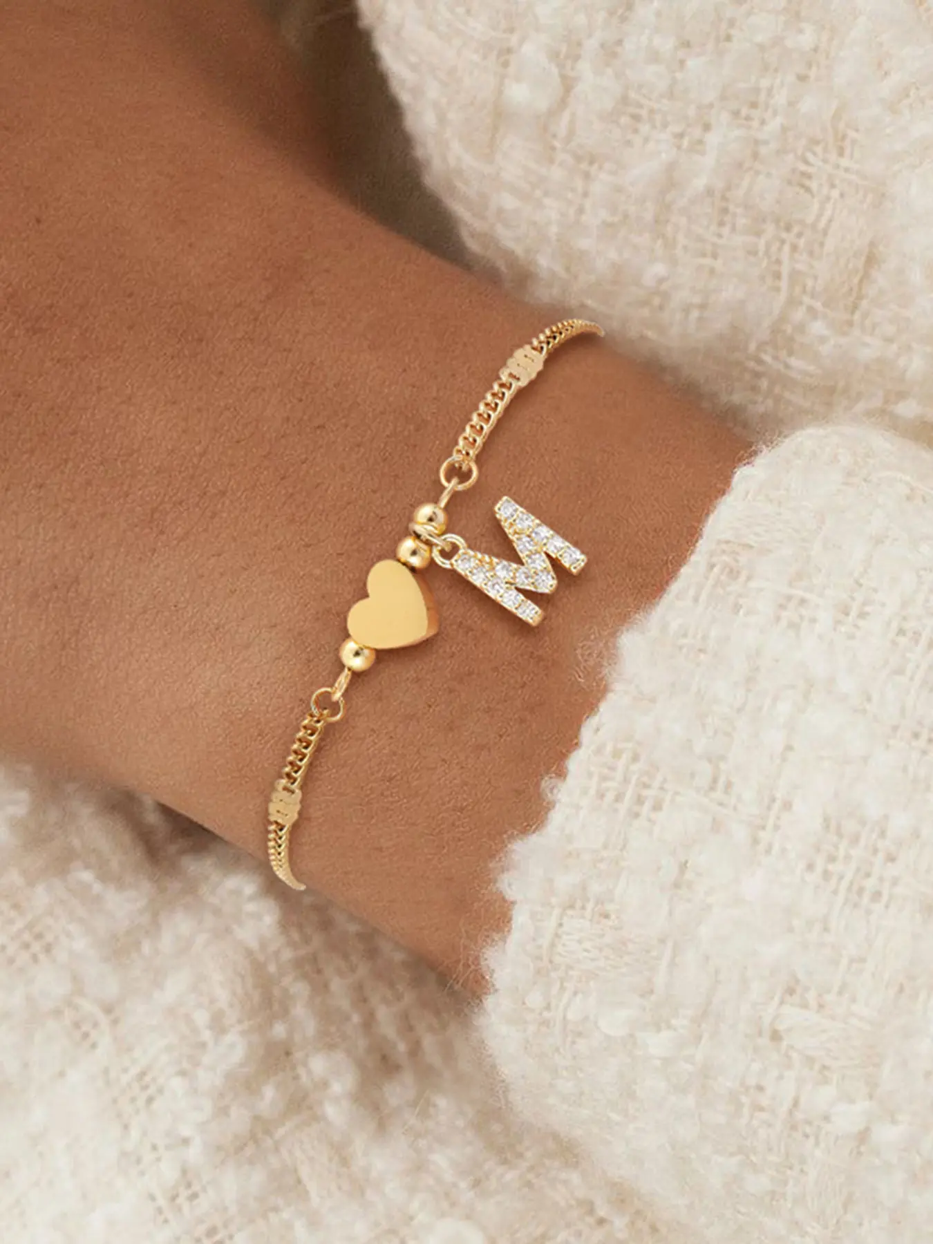 Women's Dainty Heart Zirconia Initial Pendant Bracelet, Stainless Steel Chain, Fashionable Casual Jewelry for All Seasons, Letter Link Bracelet