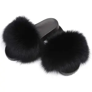 Jancoco Max Real Fox Fur Slides for Women - Fluffy Fur Slippers Open Toe Flat Sandals for Outdoor