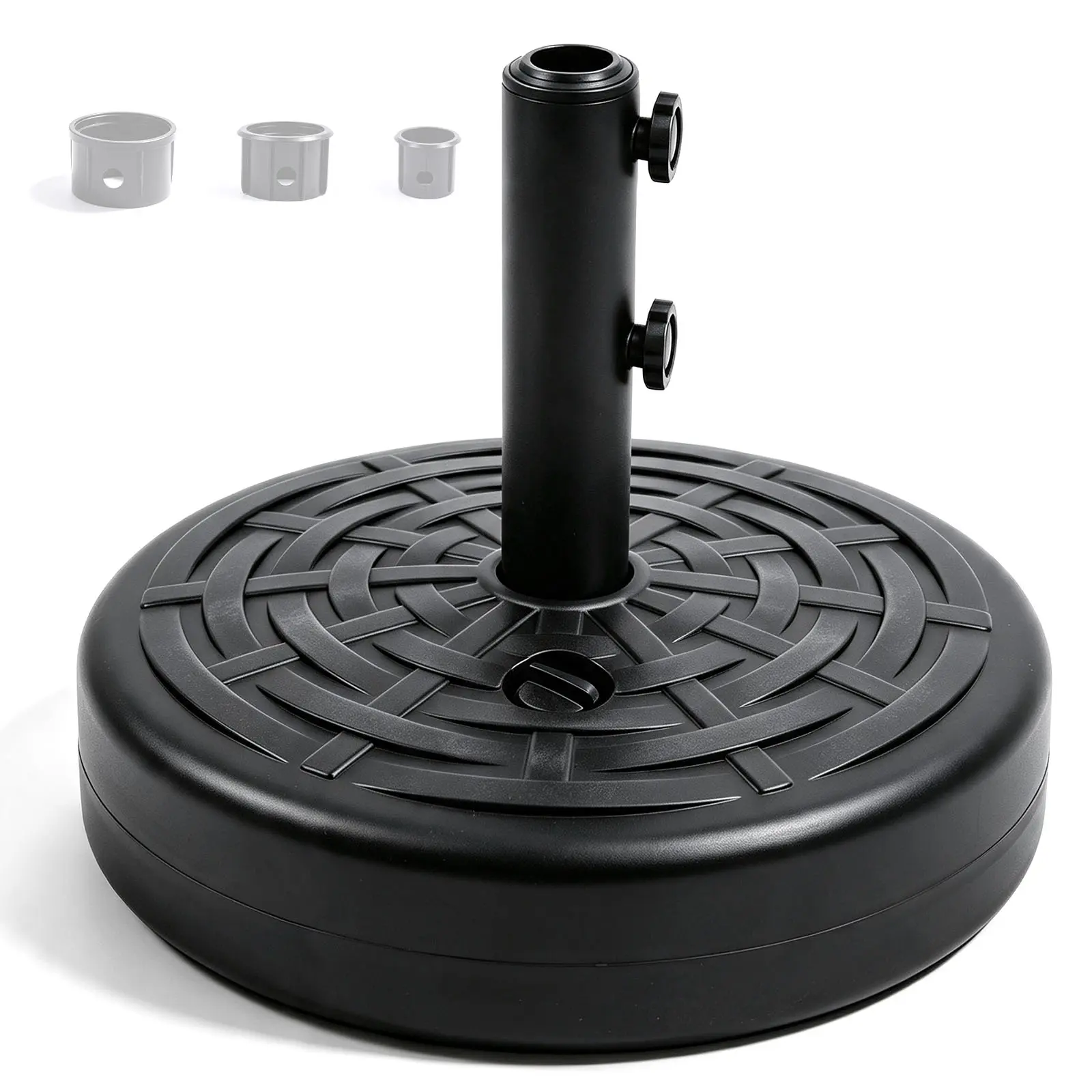 Sturdy Stable 40lbs Black HDPE Plastic Outdoor Umbrella Base - Weave Texture Windproof Stand, 3 Adjustment Clips for Secure Placement in Gardens
