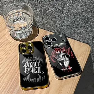 P-Pierce The Veil Band Phone Case For iPhone 17 16 15 14 13 12 Pro Max Plus Electroplated Metal Bumper Case Slim Tempered Glass Back Advanced Materials Shockproof Anti-Scratch Luxury Case Fashion Durable Stylish Phone Cover Shockproof Protective Cover
