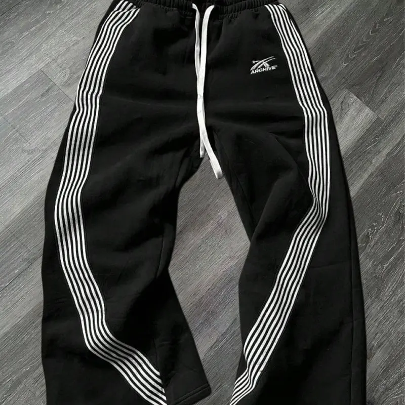 Men's Baggy Sweatpants - Casual Athletic Pants, Adjustable Drawstring Waist, Curved Side Stripe Panels, Letter Print, Breathable Poly Fabric, Loose Fit, Streetwear Clothing, Male Fashion Streetwear, Suitable for Outdoor Sports & Everyday Wear
