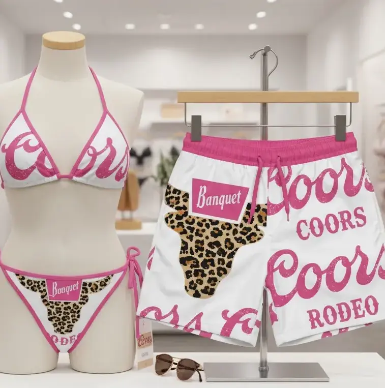 Collection Coors Couple Swimsuit Set, Swim Bra & Tie Side Thong Bikini with Men's Hawaiian Beach Shorts, Matching Summer Vacation Swimwear for Couples