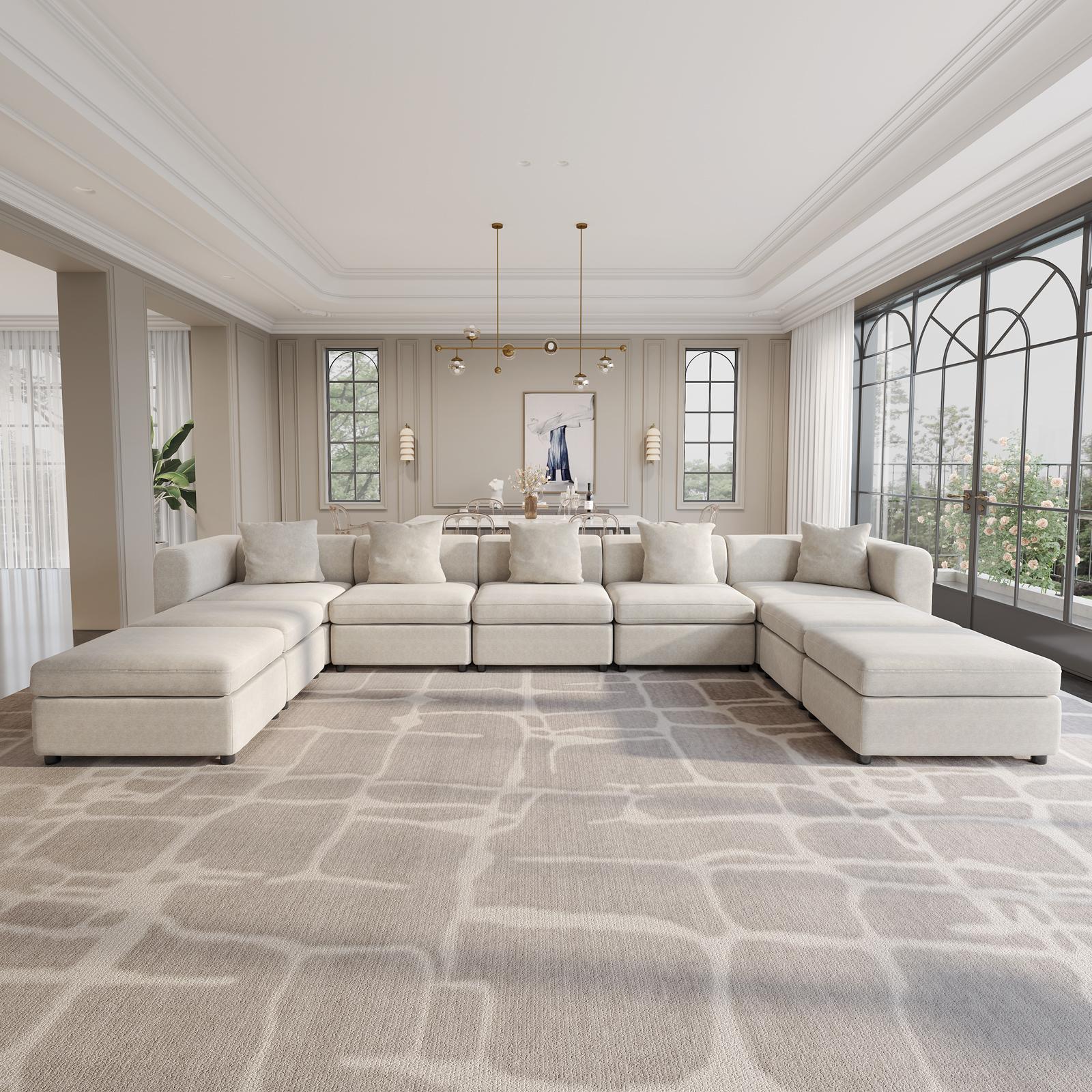 Guyii Beige L-Shaped Sectional Sofa with 3-5 Pillows & Storage Ottoman Ergonomic Comfortable Couch for Living Room Home