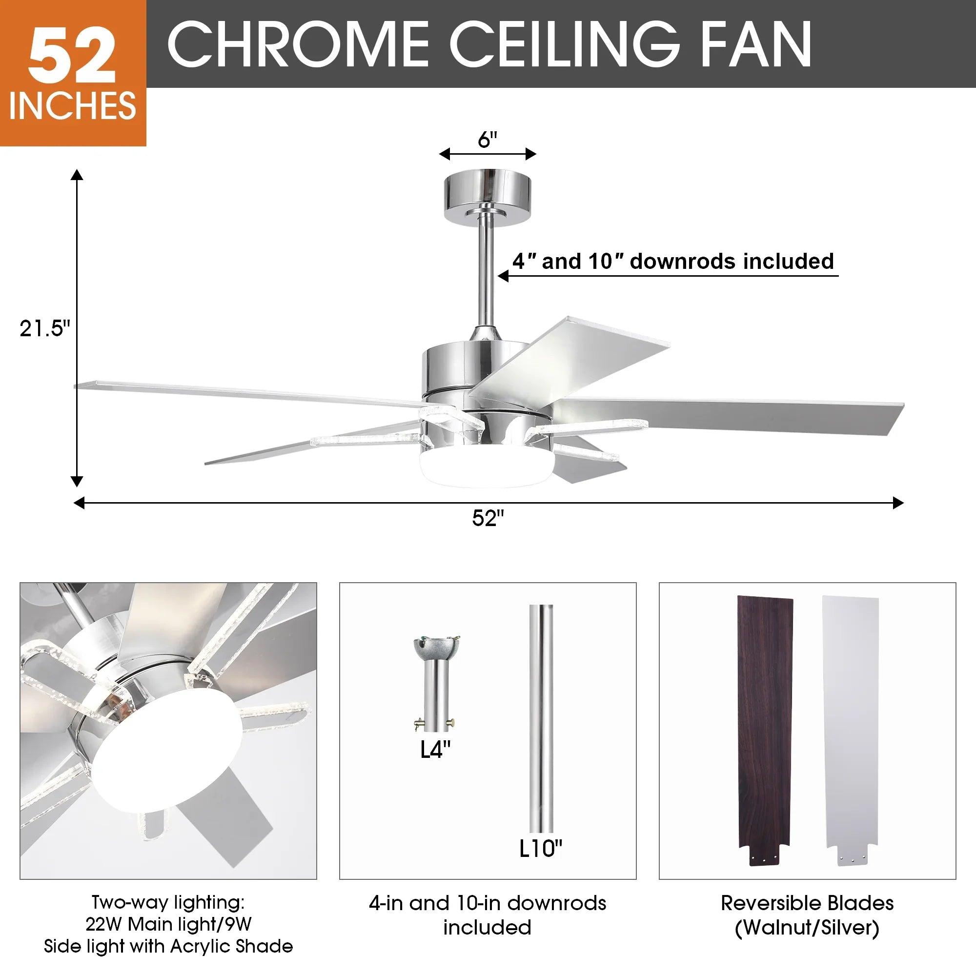 52" Modern Ceiling Fan Double-sided Blades with Main & Side LED Light Downrod Mount