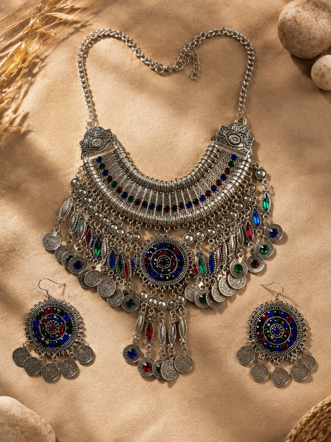 UA#15 Heavy Statement Necklace & Earring Set, Boho Tribal Jewelry with Textured Coins & Colorful Gem Accents for Unisex Festival Looks