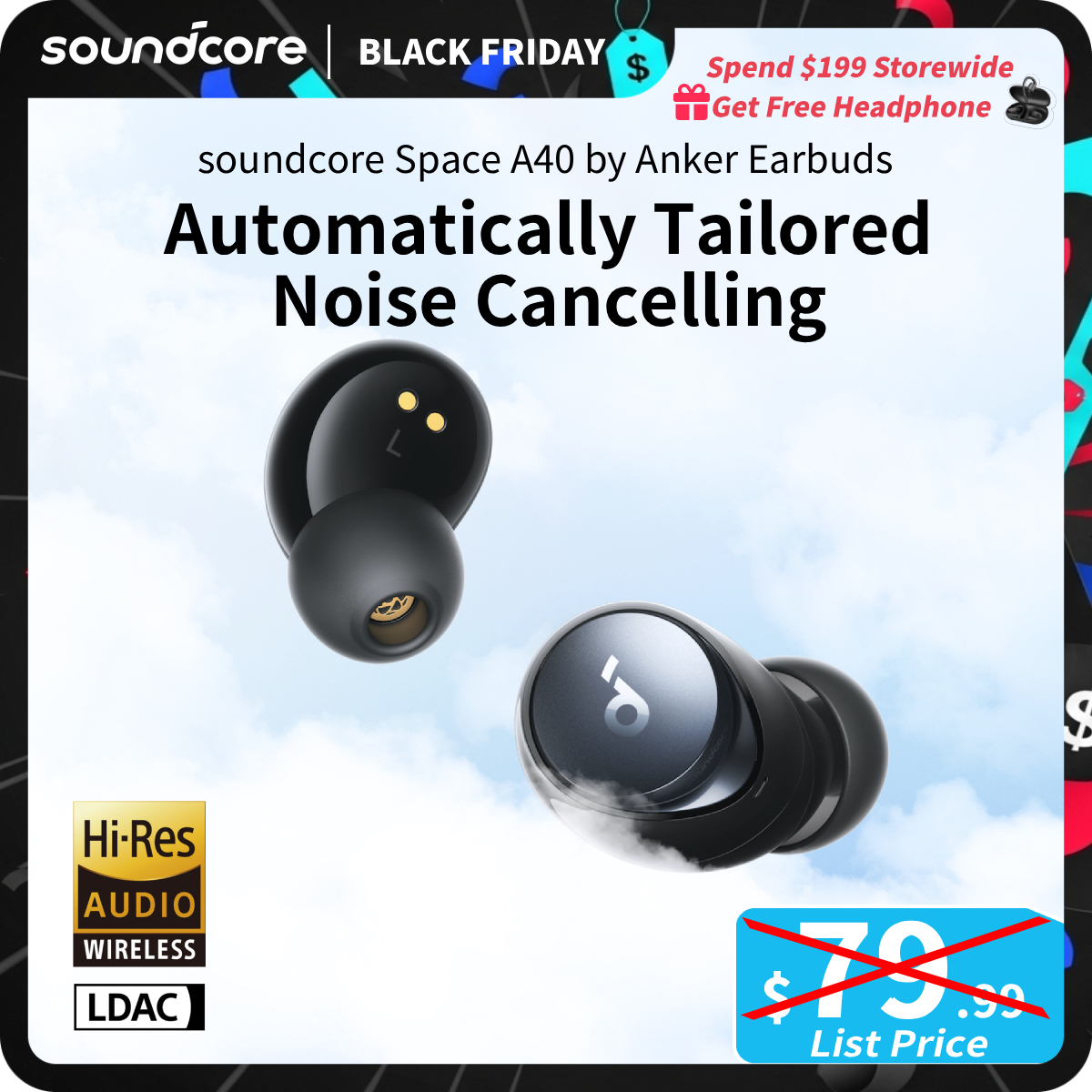 [TikTokShopBlackFriday] soundcore by Anker Space A40 Adaptive Active Noise Cancelling Wireless Earbuds, Reduce Noise by Up to 98%, Ultra Long 50H Play