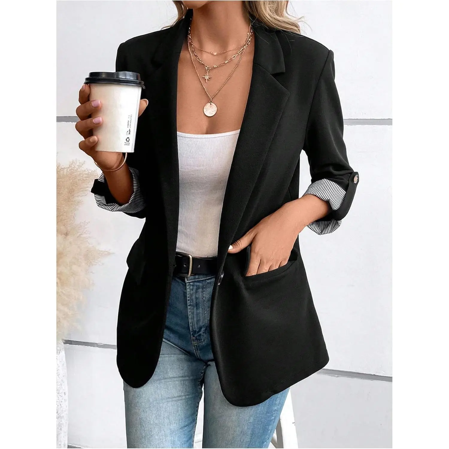 2026 Women's Roll up Sleeve Single Button Office Blazer Lapel Neck Elegant Business Jacket Work Outerwear, Men's Winter Coat, Men's Casual Jacket, Men's Jacket, Jacket for Men's, Men's Outerwear, Fashion Jacket Men's