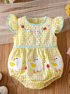 Baby Girl Triangle Onesie Duck Embroidery Round Neck Lace Trim, Cute Infant Romper, Comfortable and Stylish Baby Clothing