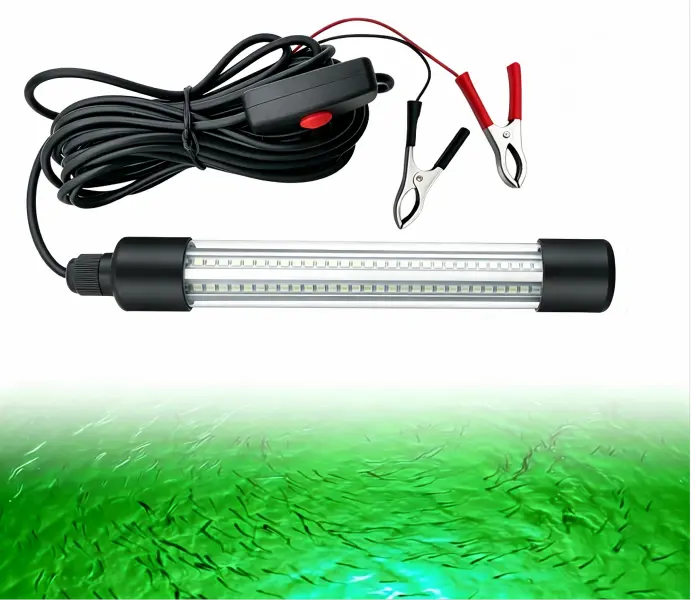 LED Underwater Fishing Light, IP68 Waterproof Submersible Fish Attracting Lamp, Super Bright Fish Bait Finder Light with 16.4FT Cord & Battery Alligator Clips for Night Boat, Dock & Ice Fishing, Green Light