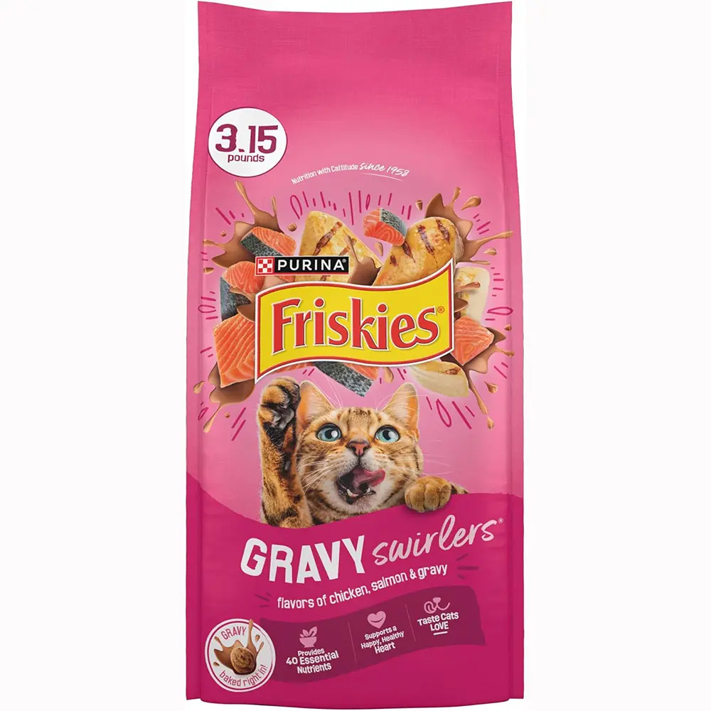 Friskies Purina Dry Cat Food Gravy Swirl'd with Flavors of Chicken, Salmon and Gravy - 3.15 lb. Bag