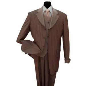 Mens Vested Shiny Sharkskin Pinstripe Fashion Zoot Suit in Brown