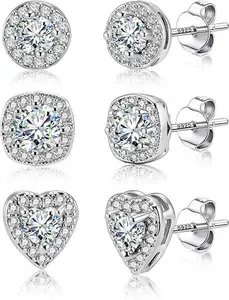Sterling Silver Stud Earrings  CZ Halo Set for Women & Girls | Round, Heart & Square Sparkly Silver Studs, Elegant Diamond-Style Everyday Jewelry