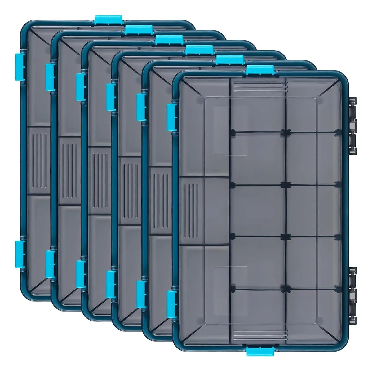 6-Pack Waterproof Plastic Tackle Boxes with Removable Trays, Latch, Adjustable Dividers, Non-Slip Texture, Compartments – Premium Tackle Storage for Outdoor Fishing Equipment, Fishing Gear Accessories, Heavy-Duty Frame