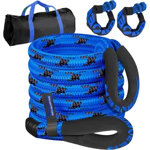 Kinetic  Rope, 1.26" x 30ft 56000LBS, Kinetic Rope  Kit with 2 Soft Shackles, Heavy Duty Offroad Snatch Strap, 35% High Elasticity Tow Ropes for  SUV UTV, Blue & Black Mixed